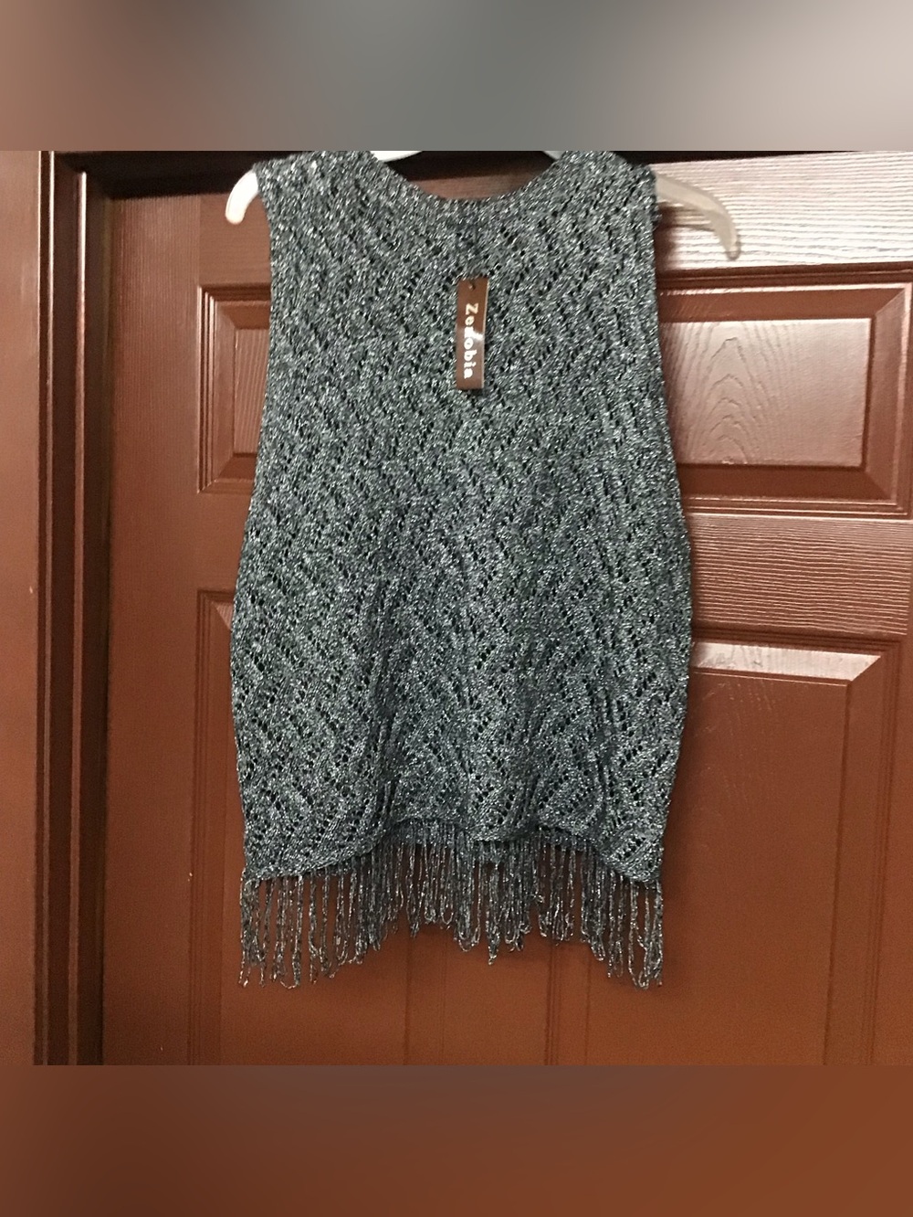 Zenobia Metallic Charcoal Crochet Top Fringe Knit